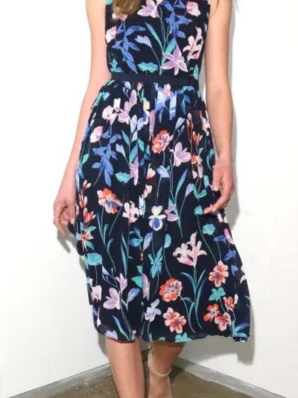 Talbots Navy Floral Midi Dress with Multicolor Blooms